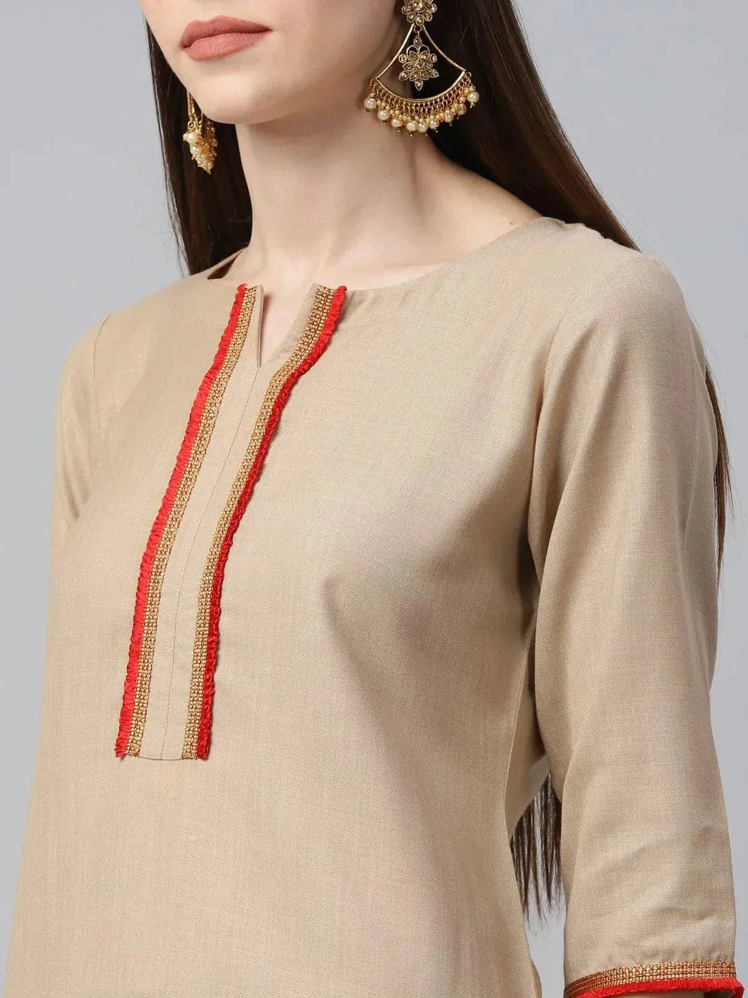 Beige Solid Cotton Suit Set - Libas