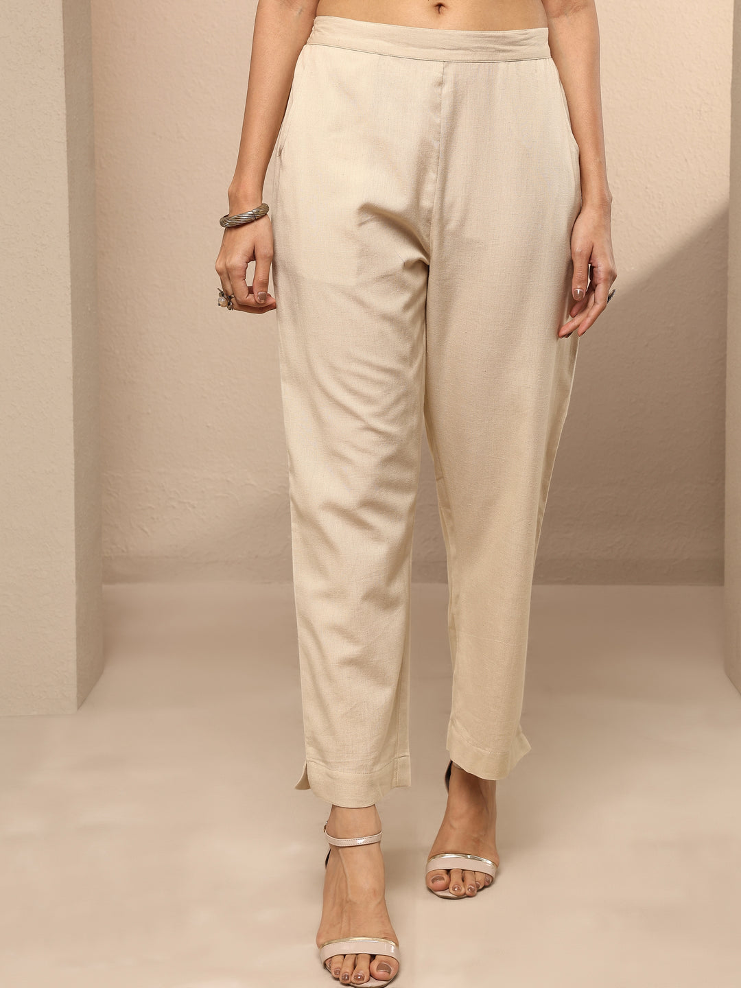 Beige Solid Cotton Trouser