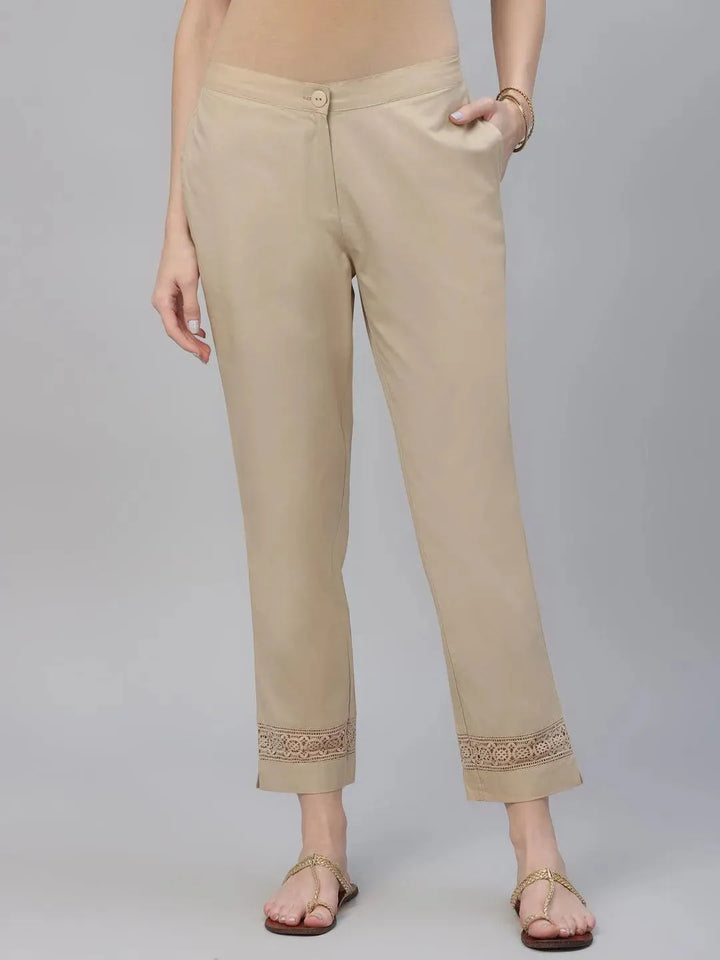 Beige Solid Cotton Trousers - Libas