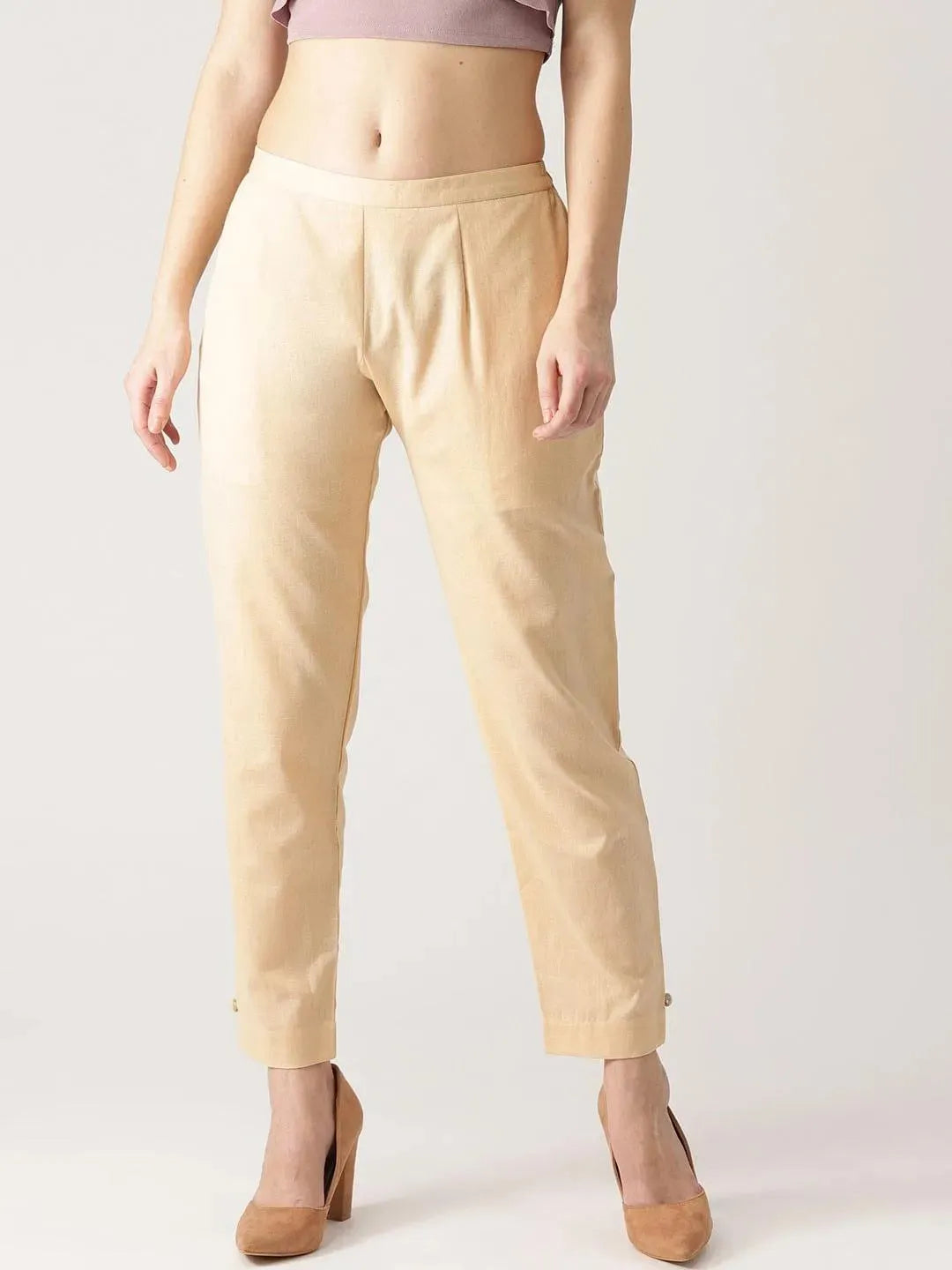 Beige Solid Cotton Trousers - Libas