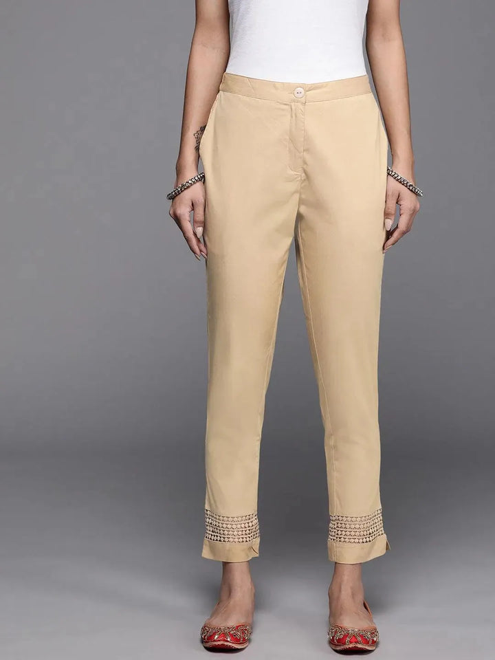 Beige Solid Cotton Trousers - Libas