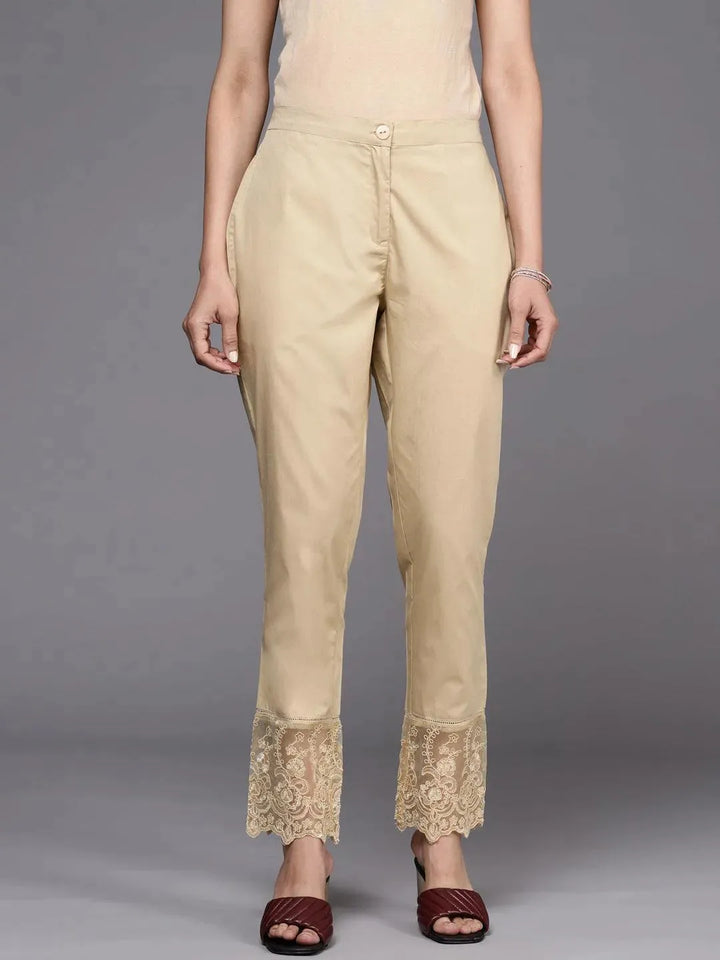 Beige Solid Cotton Trousers - Libas