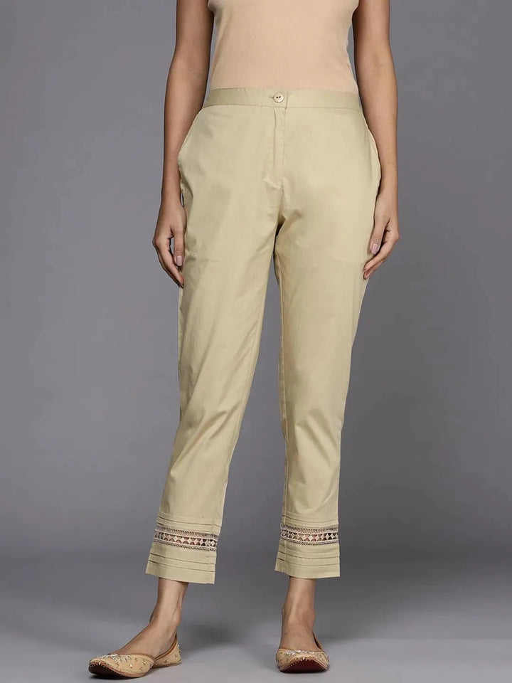Beige Solid Cotton Trousers - Libas