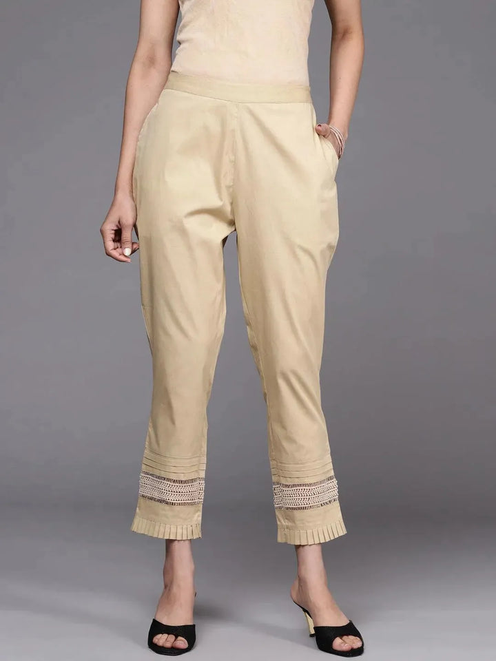 Beige Solid Cotton Trousers - Libas