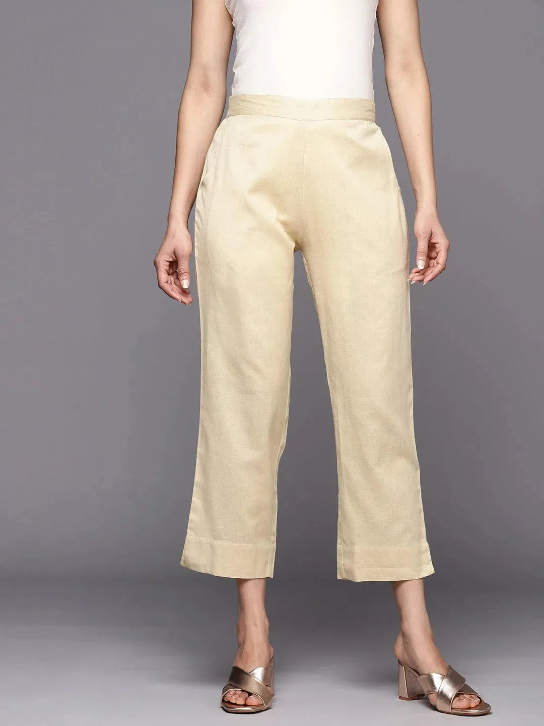 Beige Solid Cotton Trousers - Libas