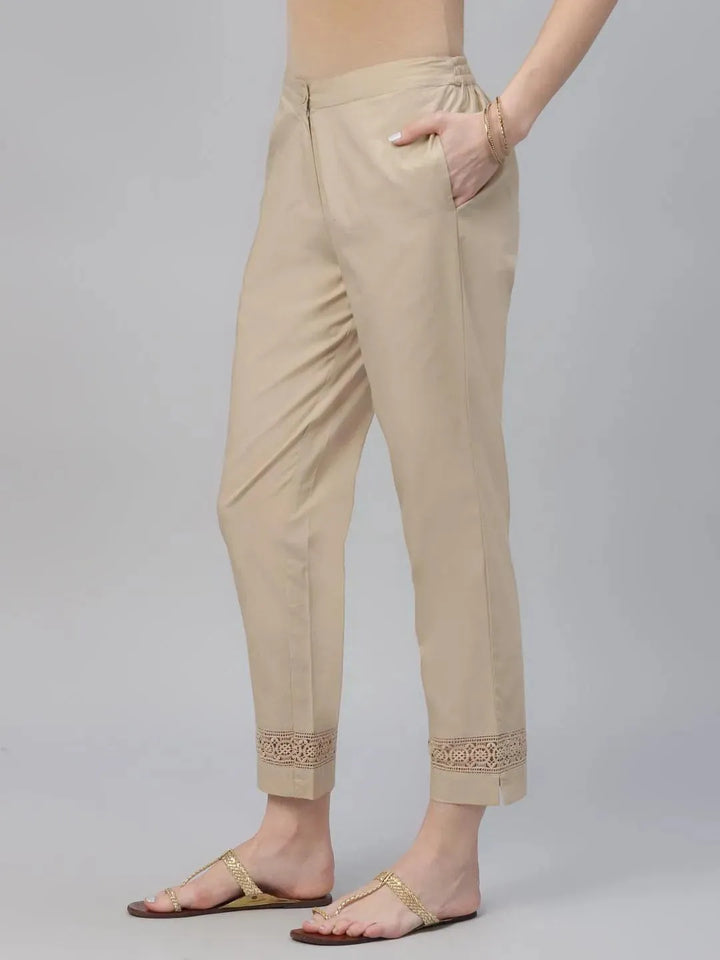 Beige Solid Cotton Trousers - Libas