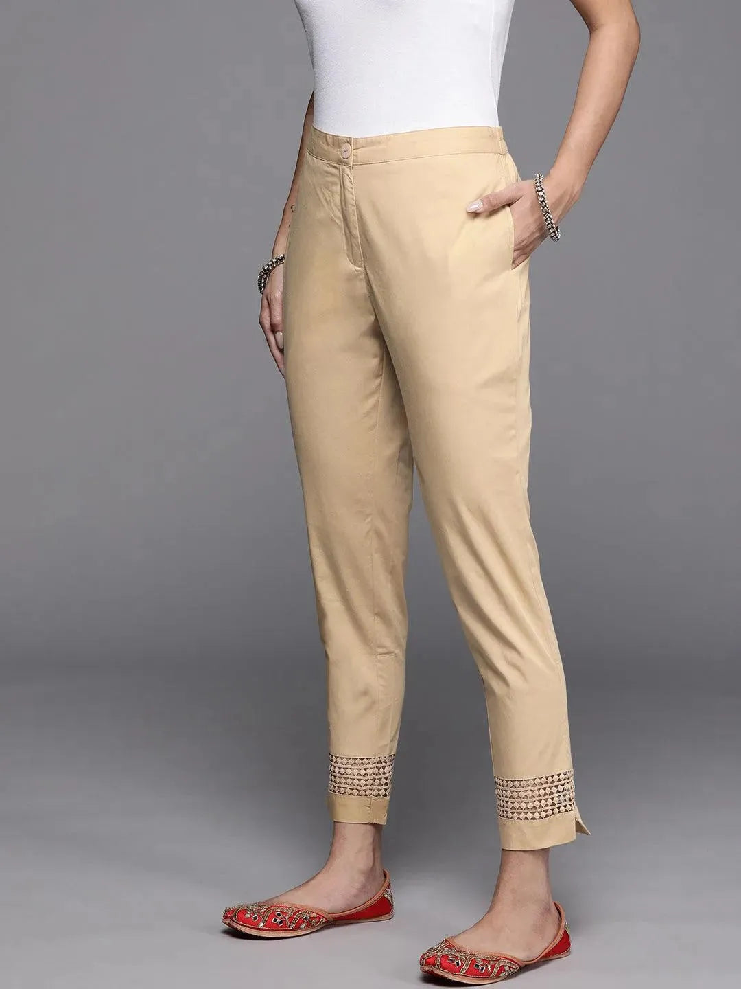 Beige Solid Cotton Trousers - Libas