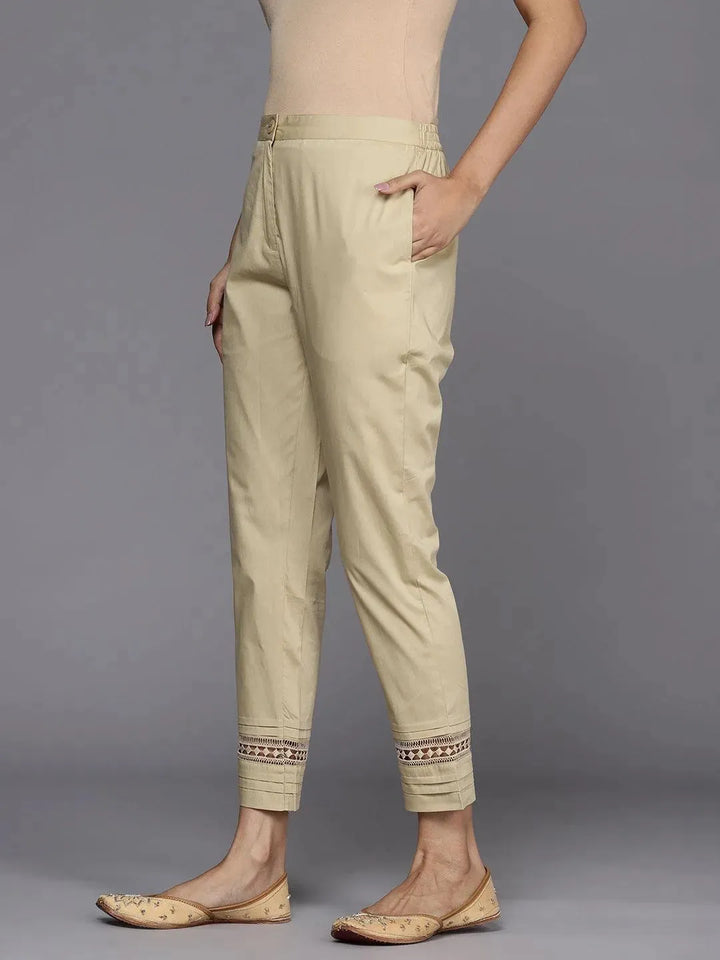 Beige Solid Cotton Trousers - Libas