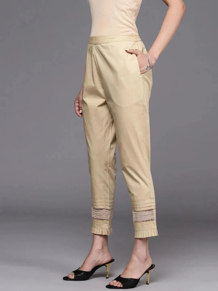 Beige Solid Cotton Trousers - Libas