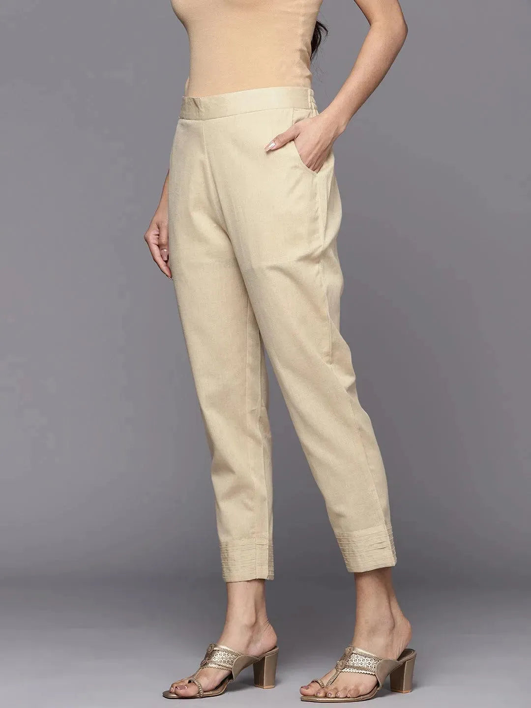 Beige Solid Cotton Trousers - Libas