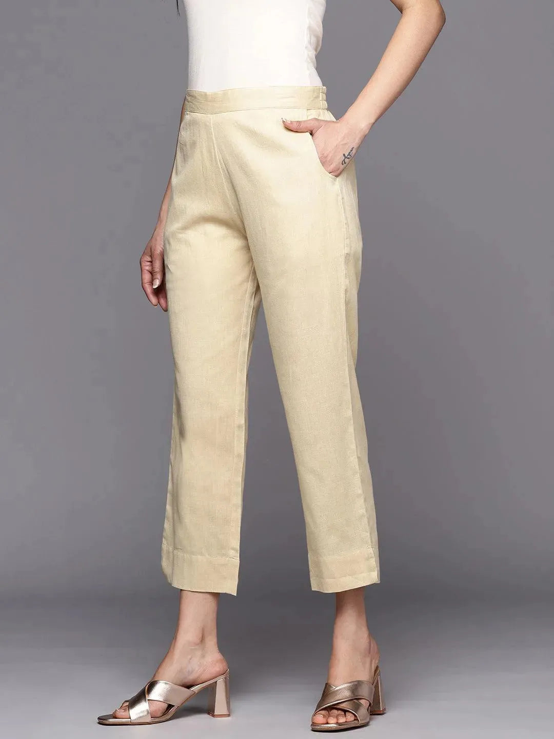 Beige Solid Cotton Trousers - Libas 