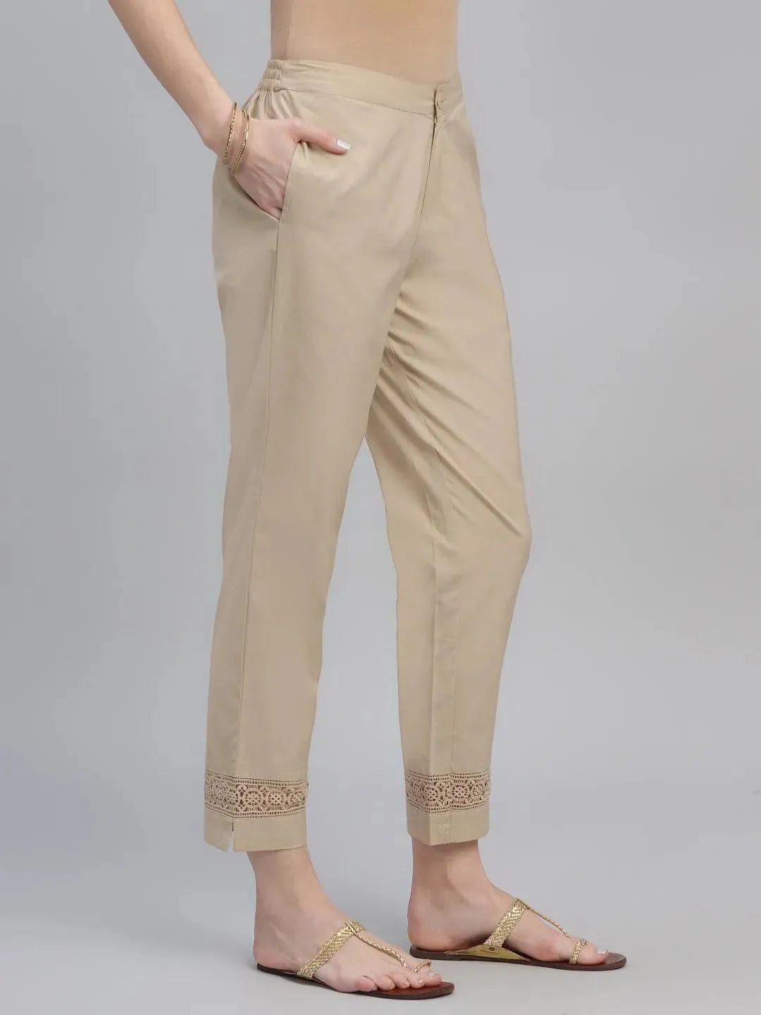 Beige Solid Cotton Trousers - Libas 