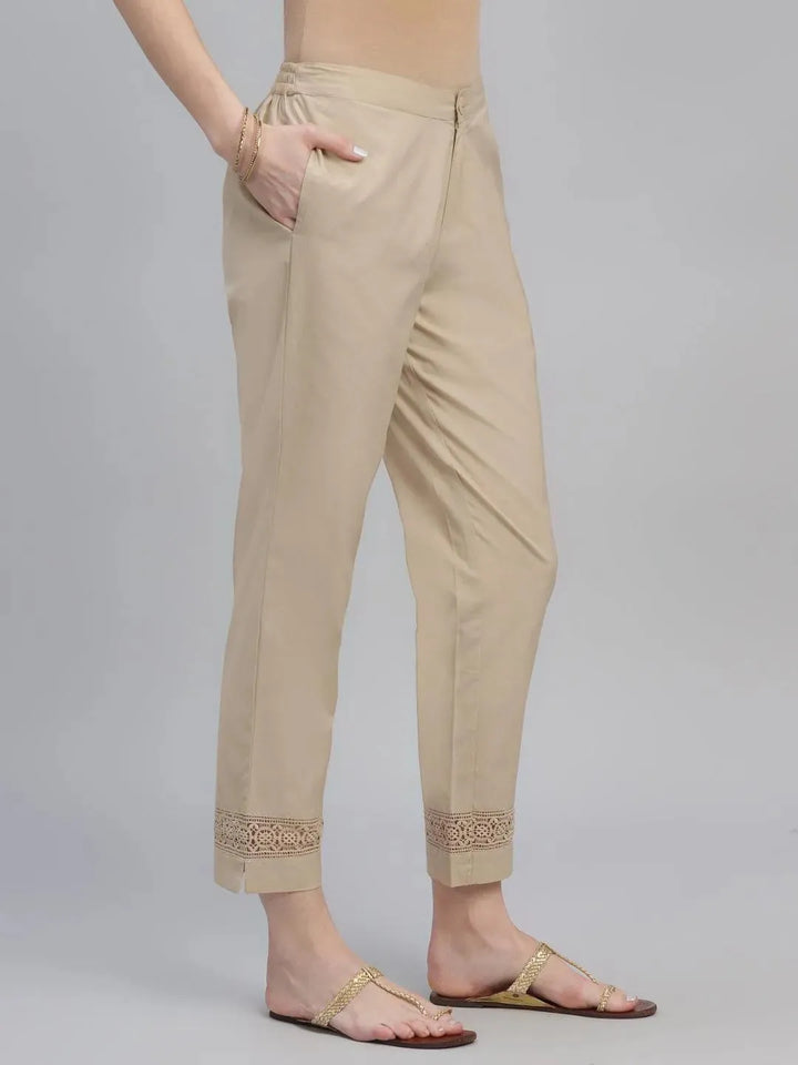 Beige Solid Cotton Trousers - Libas