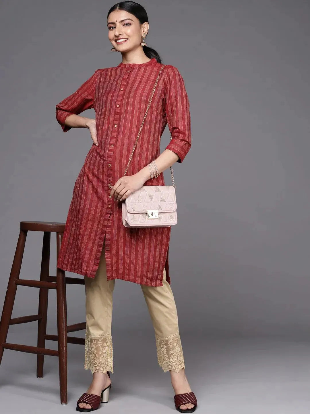 Beige Solid Cotton Trousers - Libas 