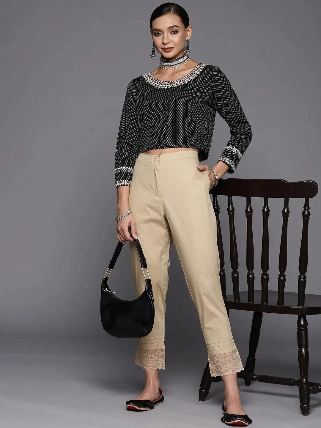 Beige Solid Cotton Trousers - Libas