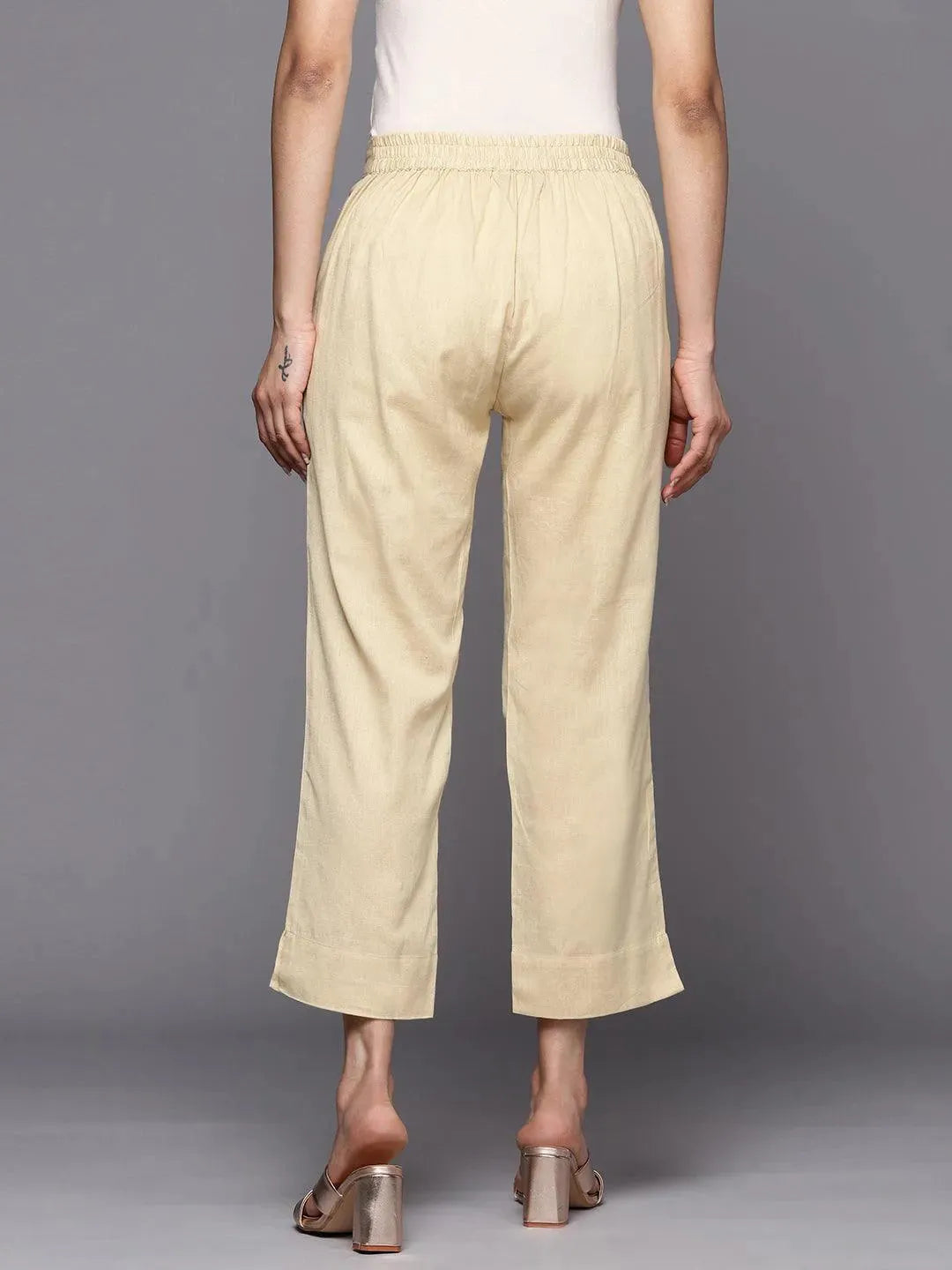 Beige Solid Cotton Trousers - Libas