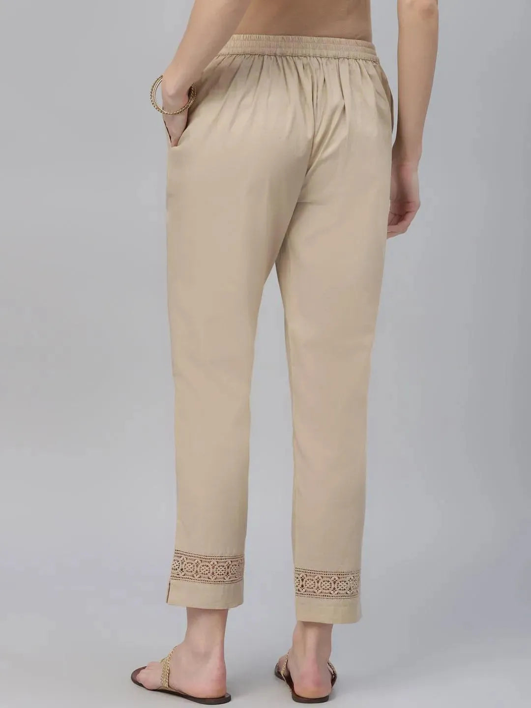 Beige Solid Cotton Trousers - Libas 