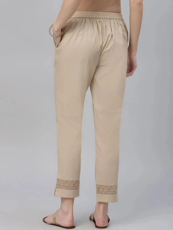 Beige Solid Cotton Trousers - Libas