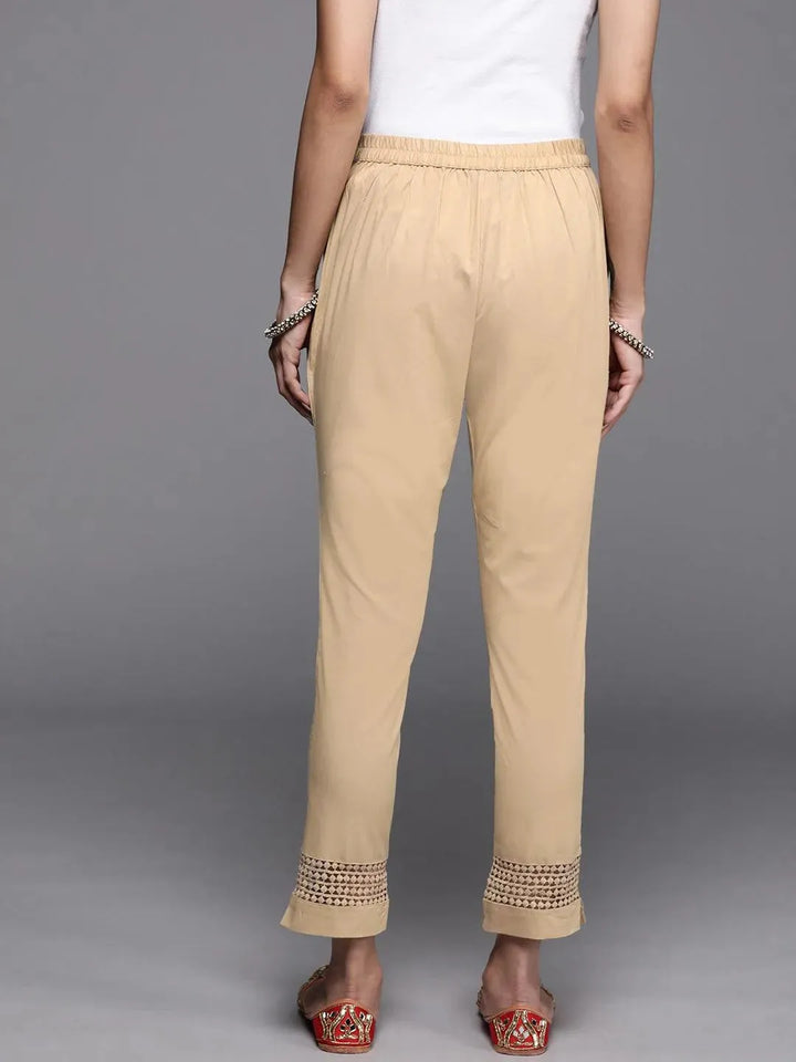 Beige Solid Cotton Trousers - Libas