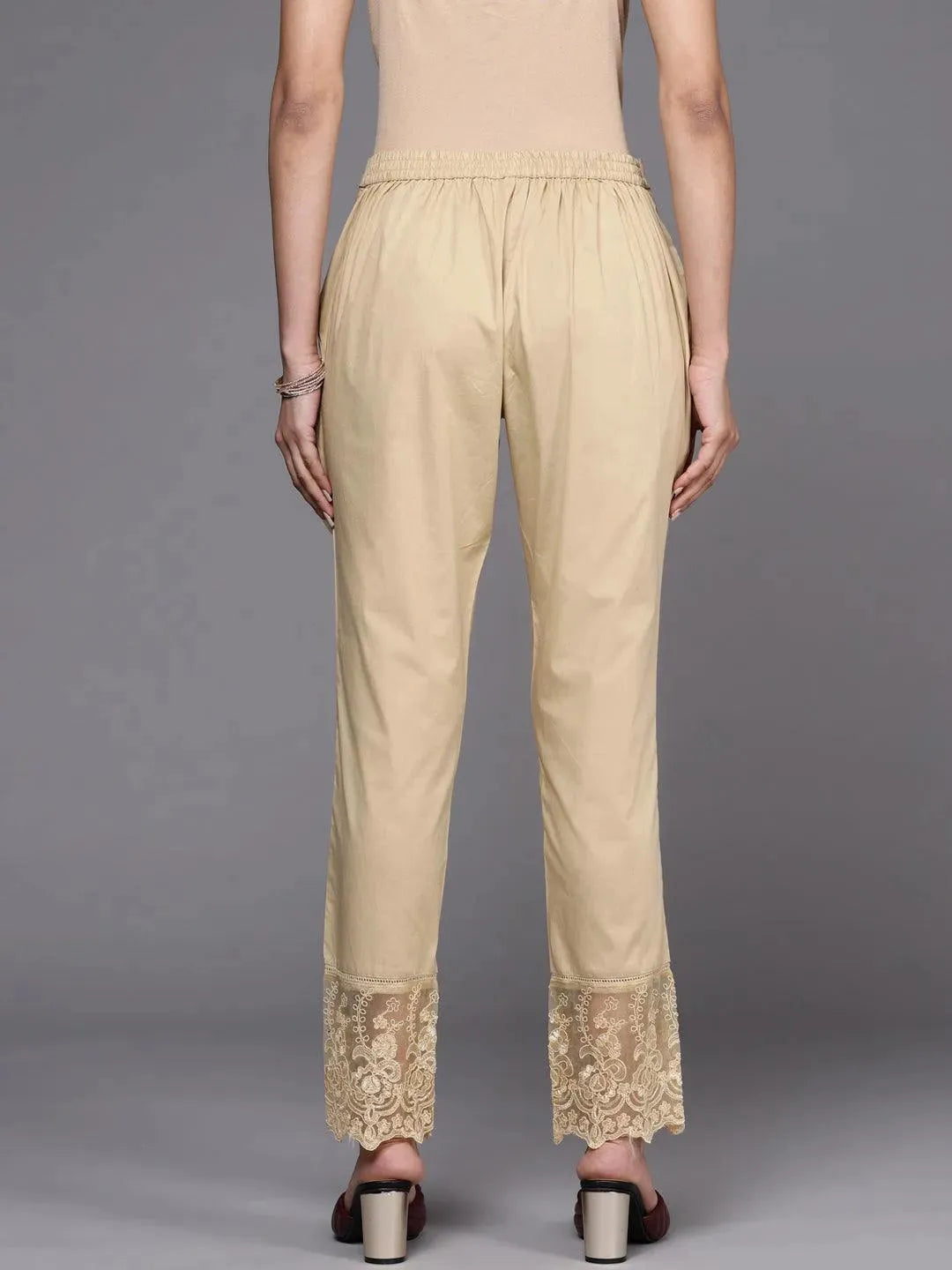 Beige Solid Cotton Trousers - Libas