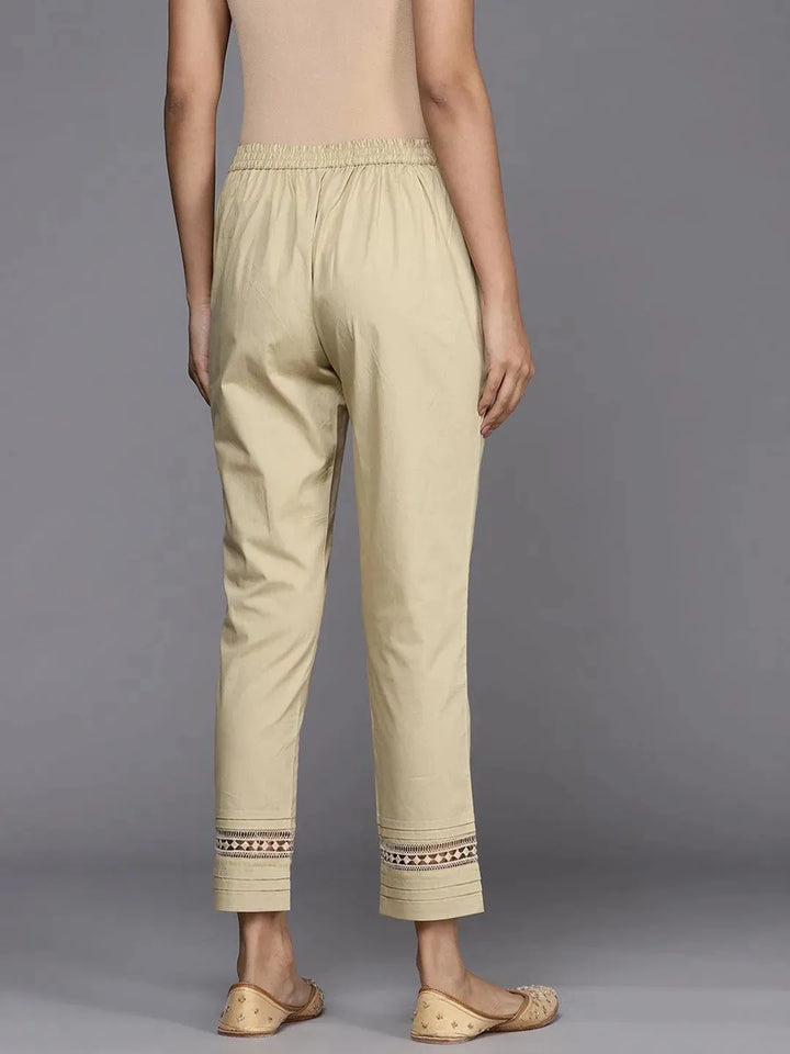 Beige Solid Cotton Trousers - Libas
