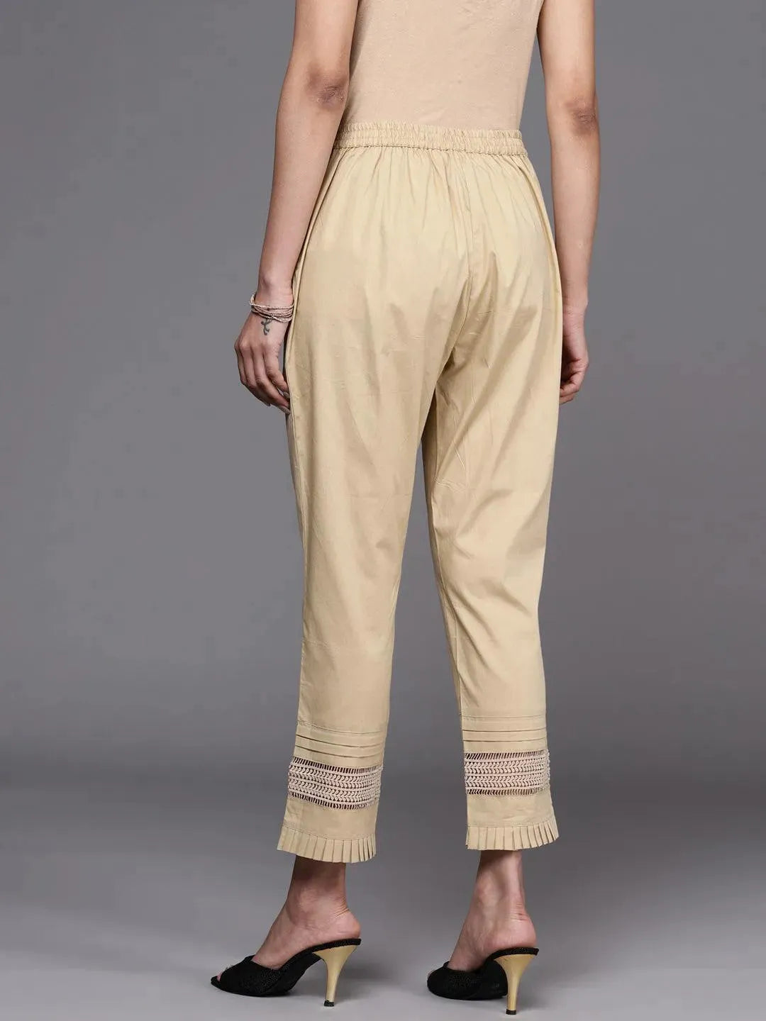 Beige Solid Cotton Trousers - Libas