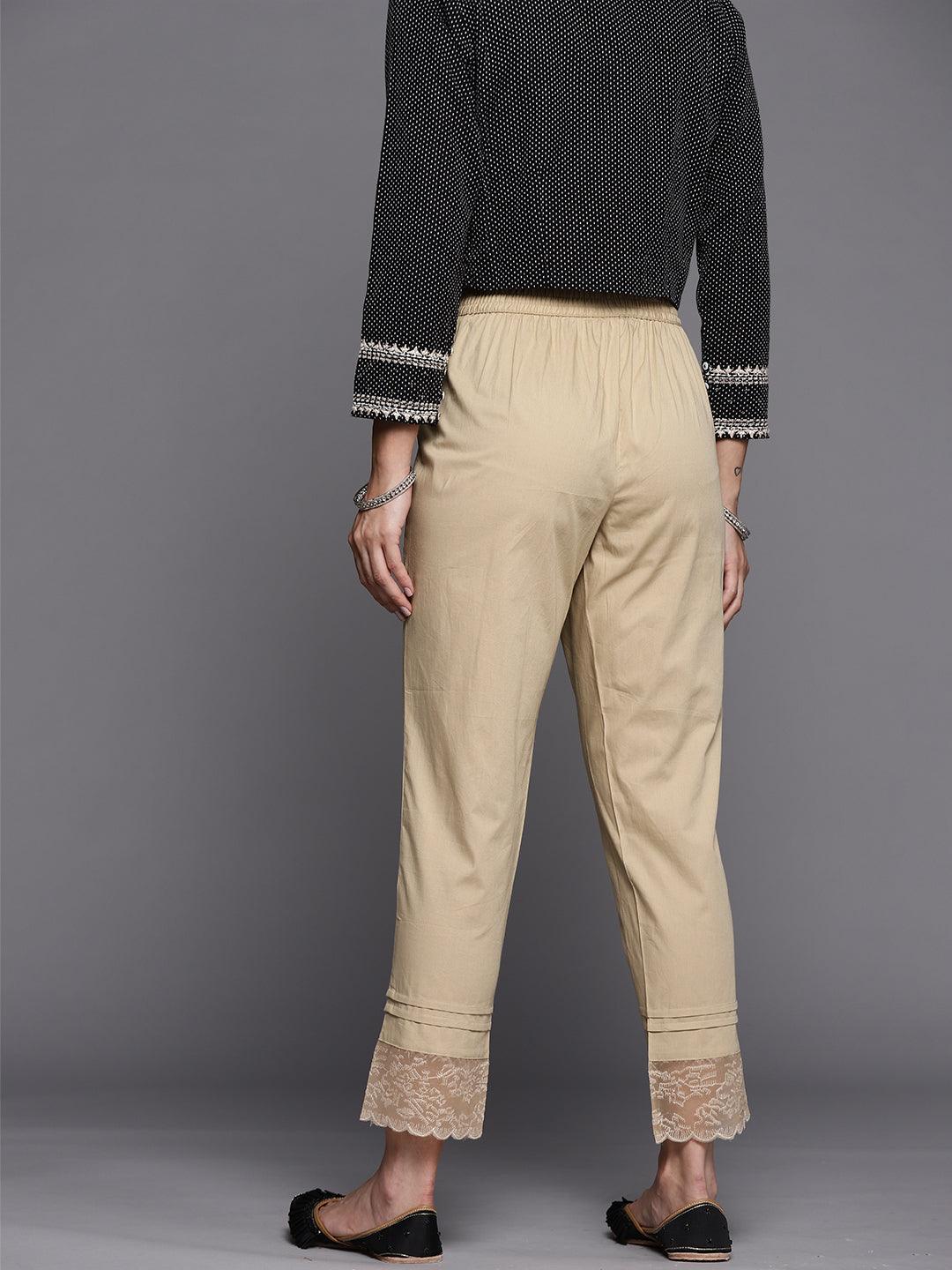 Beige Solid Cotton Trousers - Libas