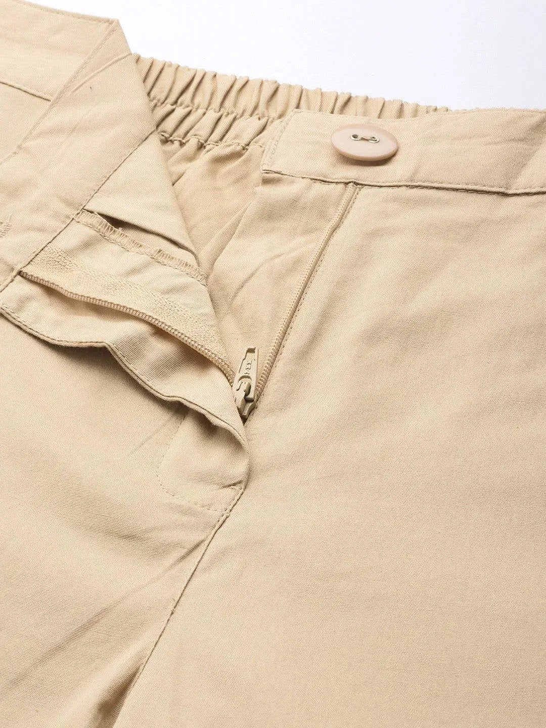 Beige Solid Cotton Trousers - Libas