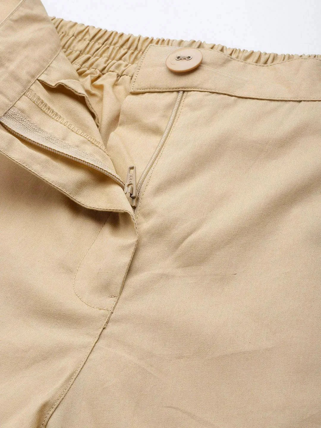 Beige Solid Cotton Trousers - Libas 