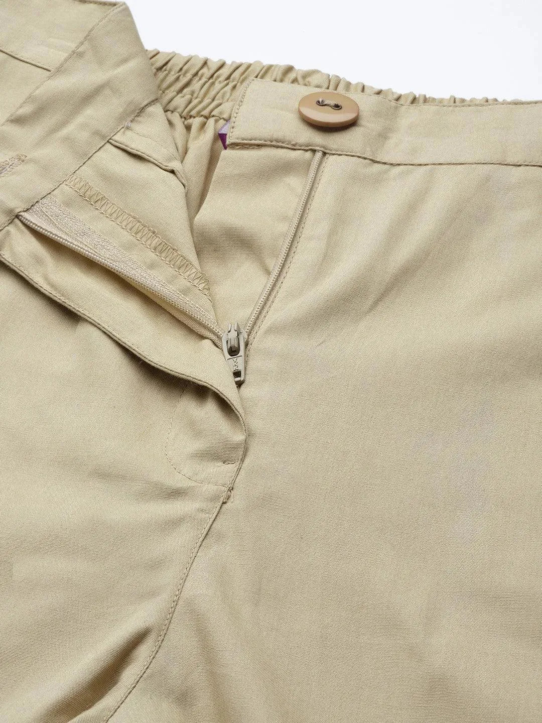 Beige Solid Cotton Trousers - Libas 