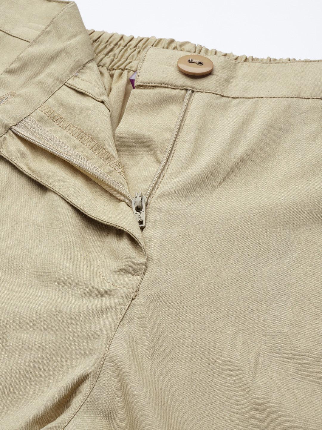 Beige Solid Cotton Trousers - Libas