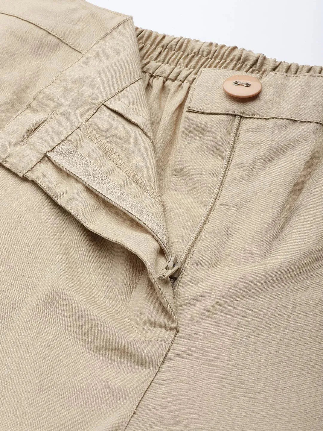 Beige Solid Cotton Trousers - Libas