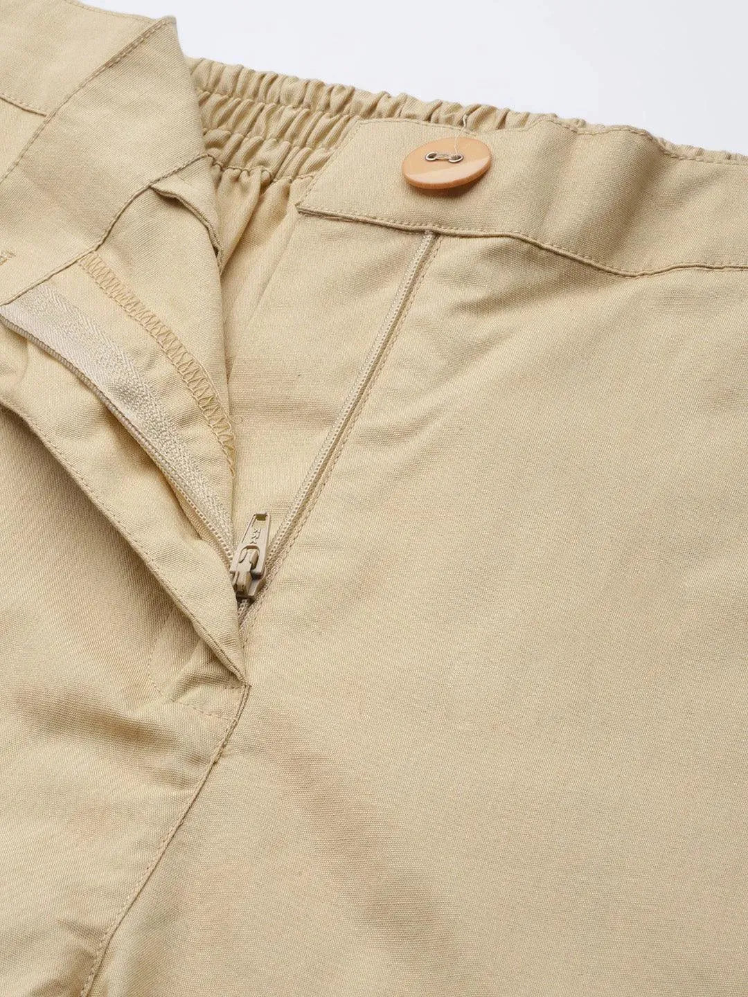 Beige Solid Cotton Trousers - Libas