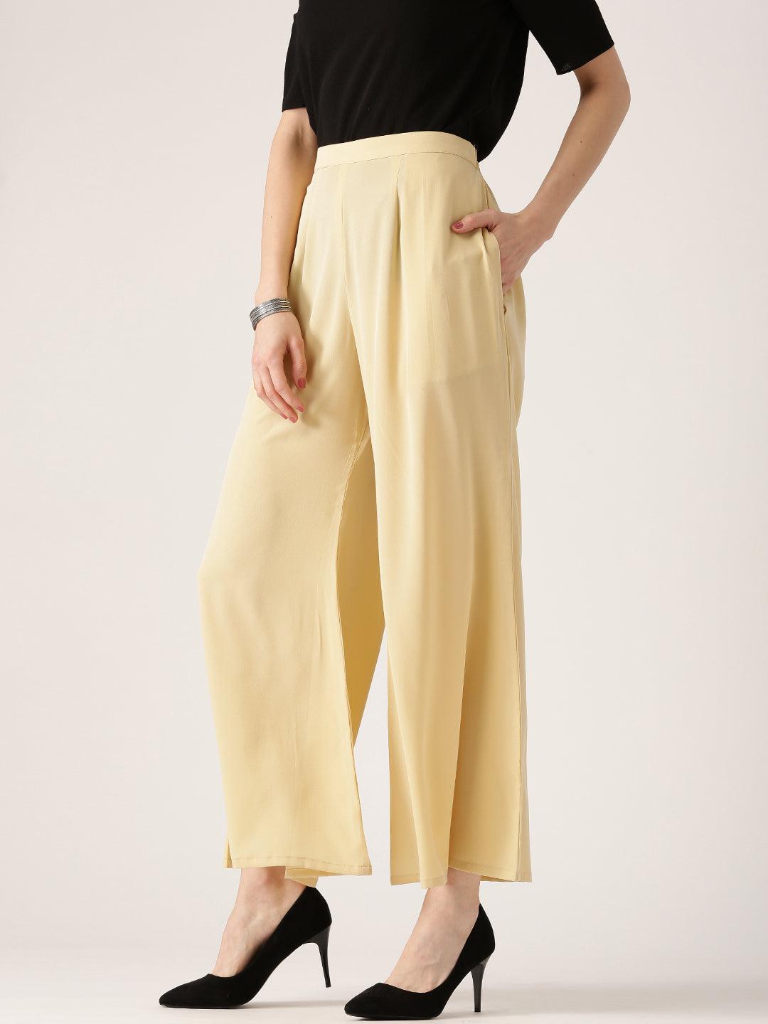 Beige Solid Crepe Palazzos - Libas