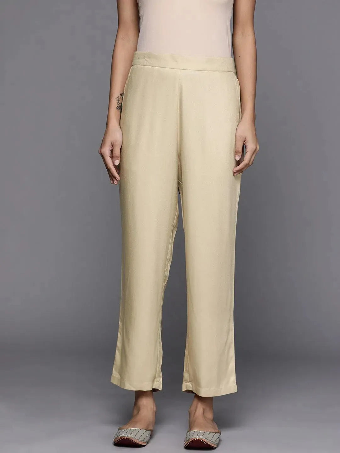 Beige Solid Pashmina Wool Trousers - Libas