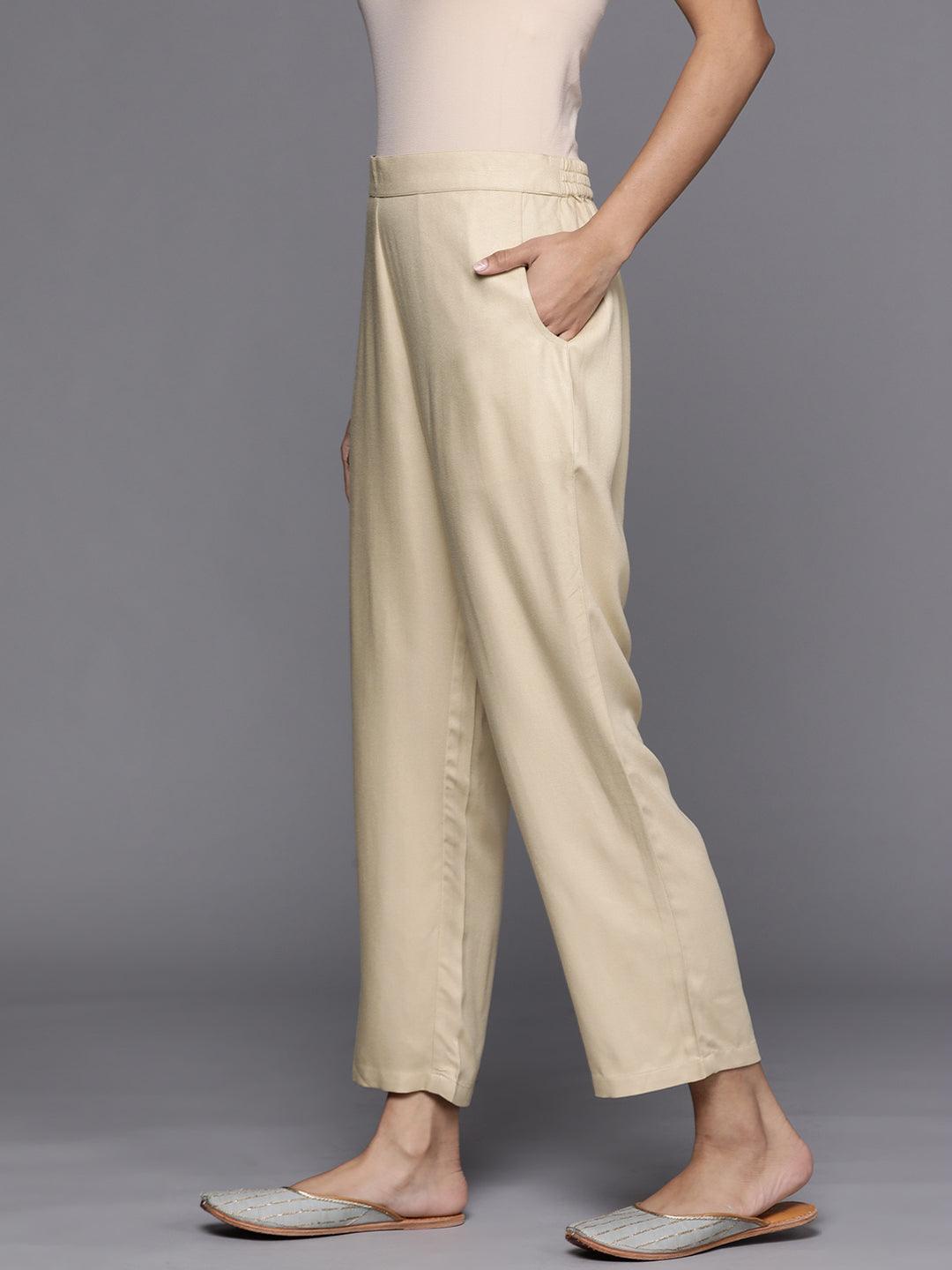 Beige Solid Pashmina Wool Trousers
