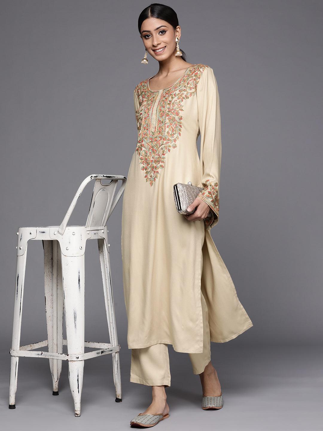 Beige Solid Pashmina Wool Trousers - Libas