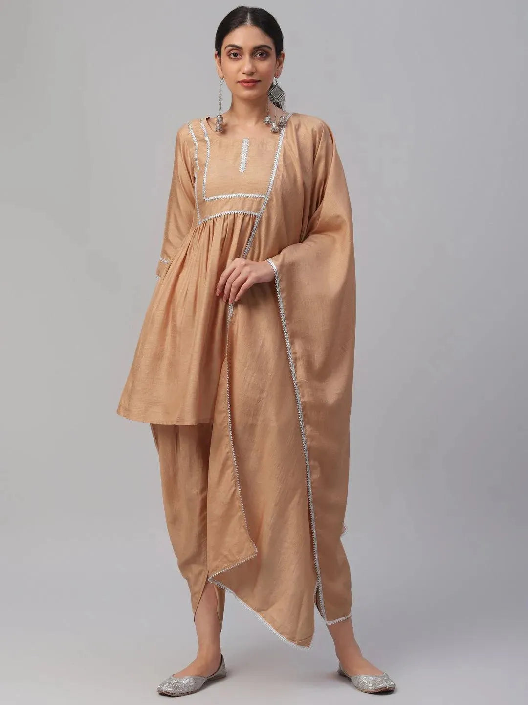 Beige Solid Polyester Suit Set - Libas