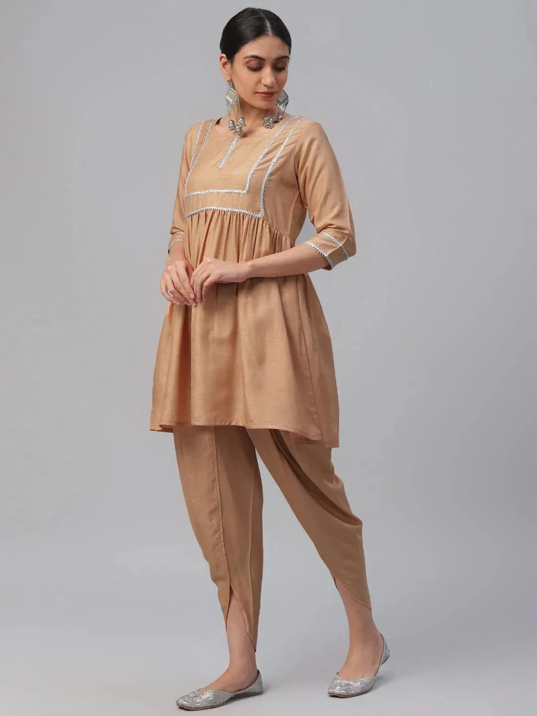 Beige Solid Polyester Suit Set - Libas