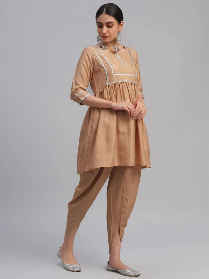 Beige Solid Polyester Suit Set - Libas