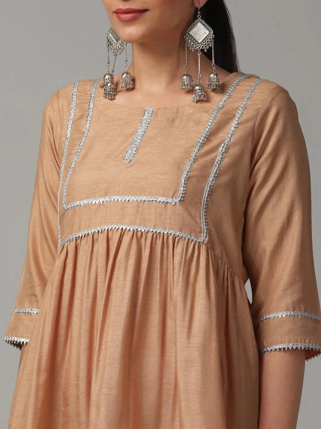 Beige Solid Polyester Suit Set - Libas 