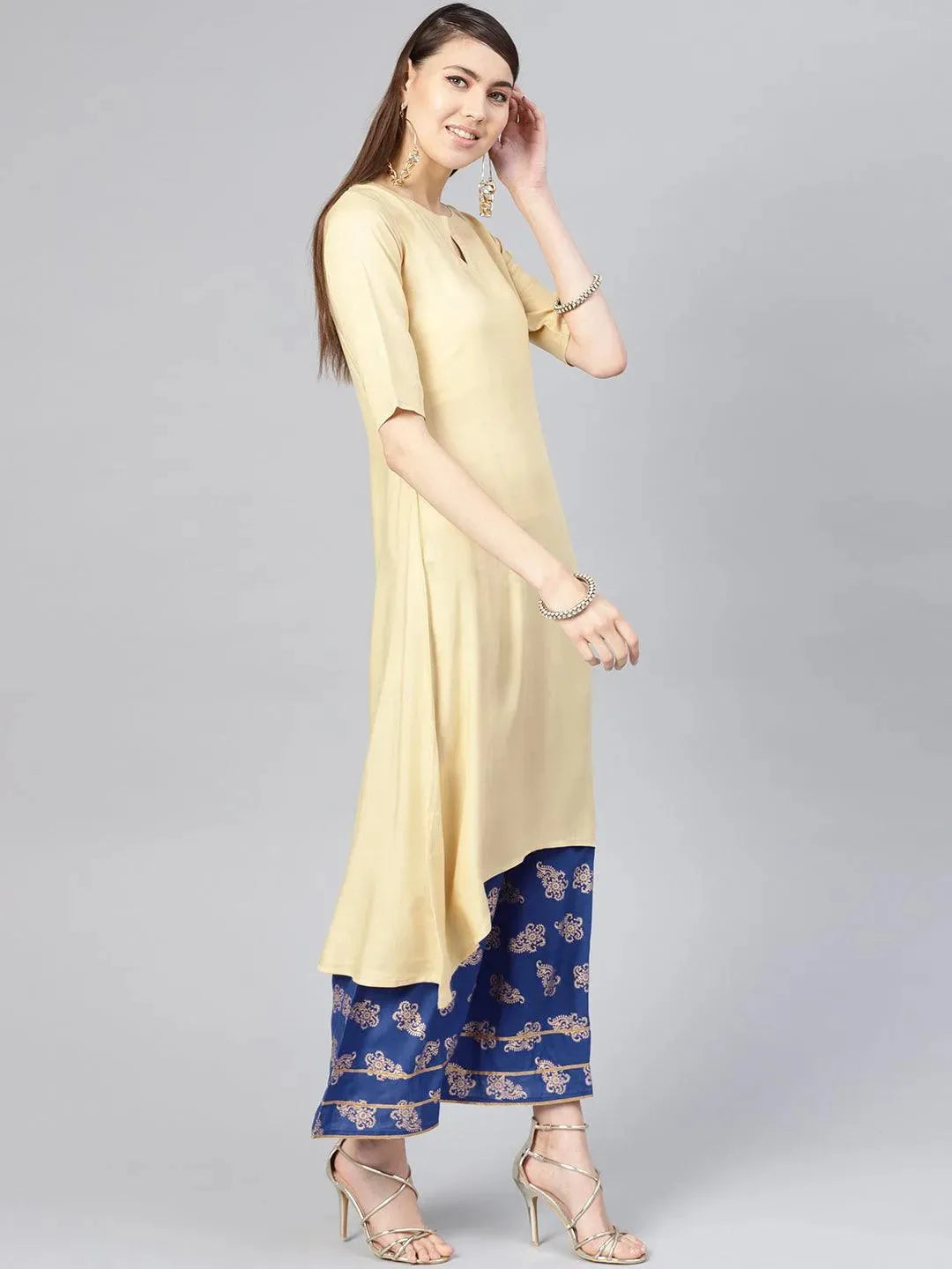 Beige Solid Rayon Kurta Set - Libas