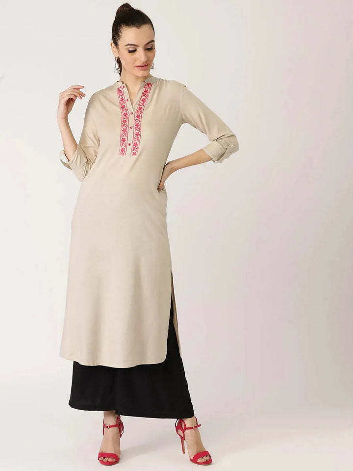 Beige Solid Rayon Kurta - Libas