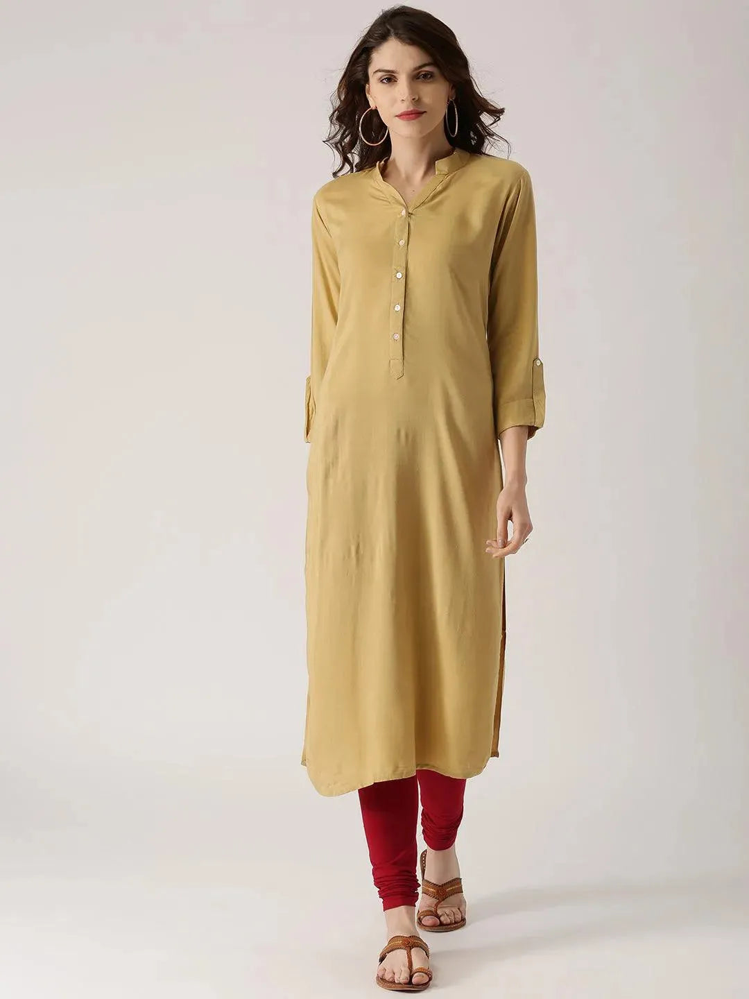 Beige Solid Rayon Kurta - Libas