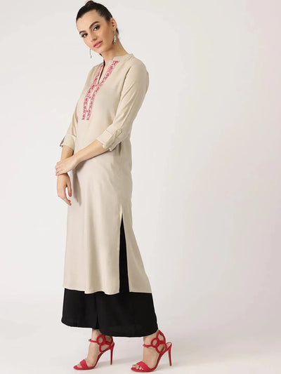 Beige Solid Rayon Kurta - Libas