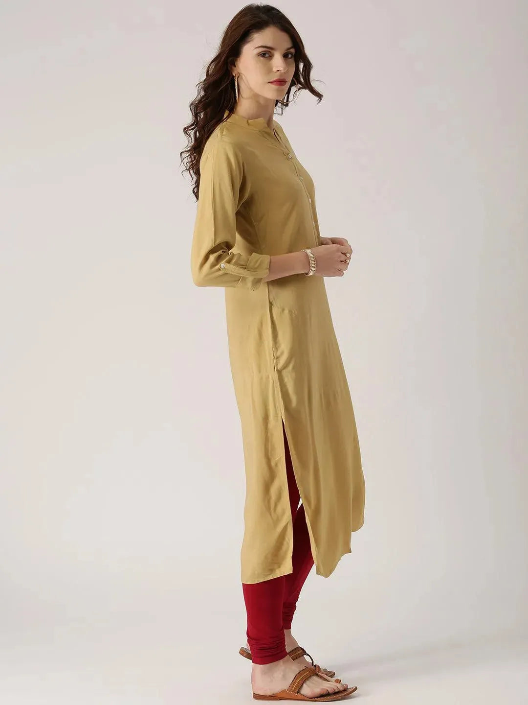 Beige Solid Rayon Kurta - Libas