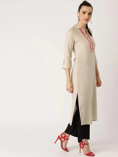 Beige Solid Rayon Kurta - Libas