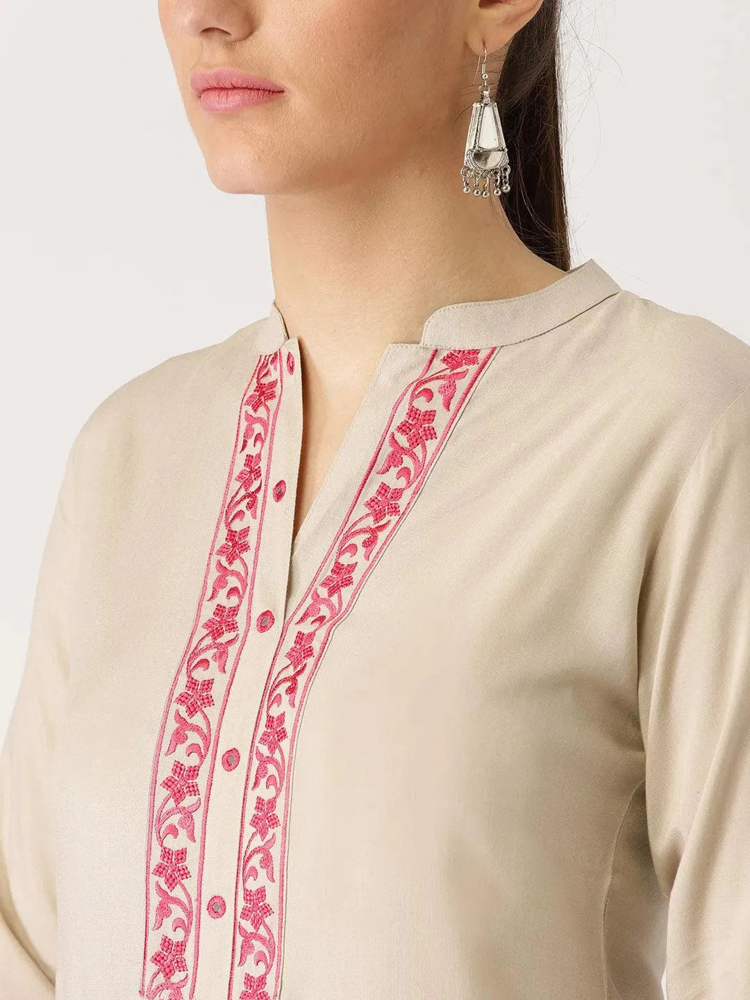 Beige Solid Rayon Kurta - Libas