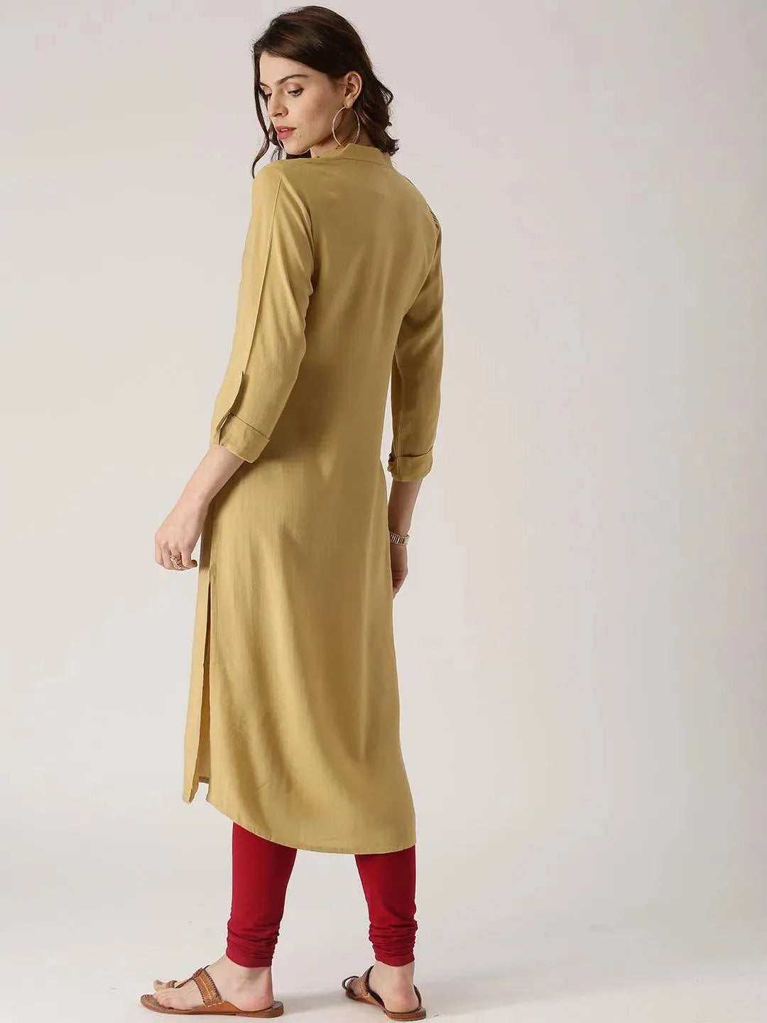 Beige Solid Rayon Kurta - Libas