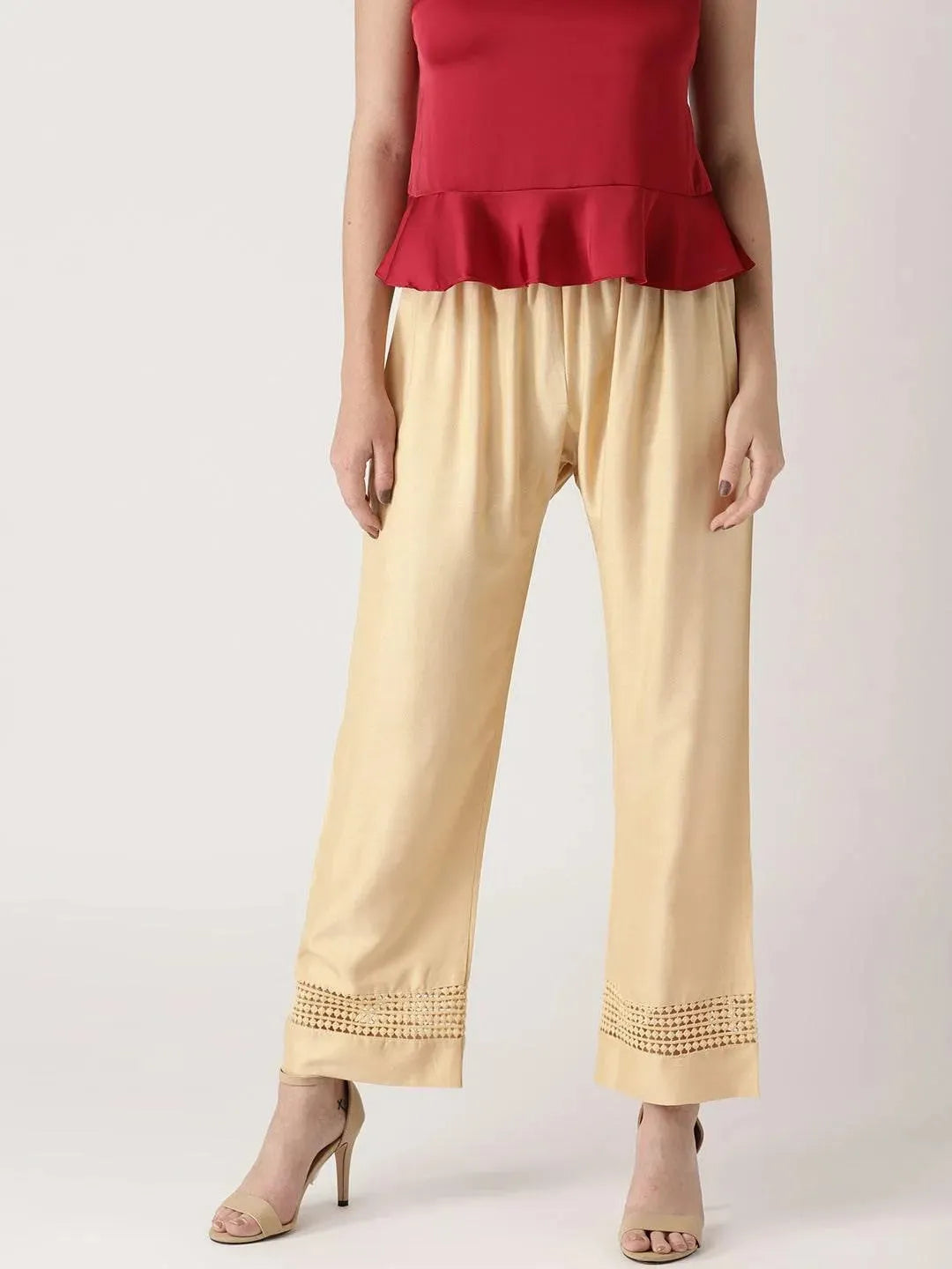 Beige Solid Rayon Palazzos - Libas